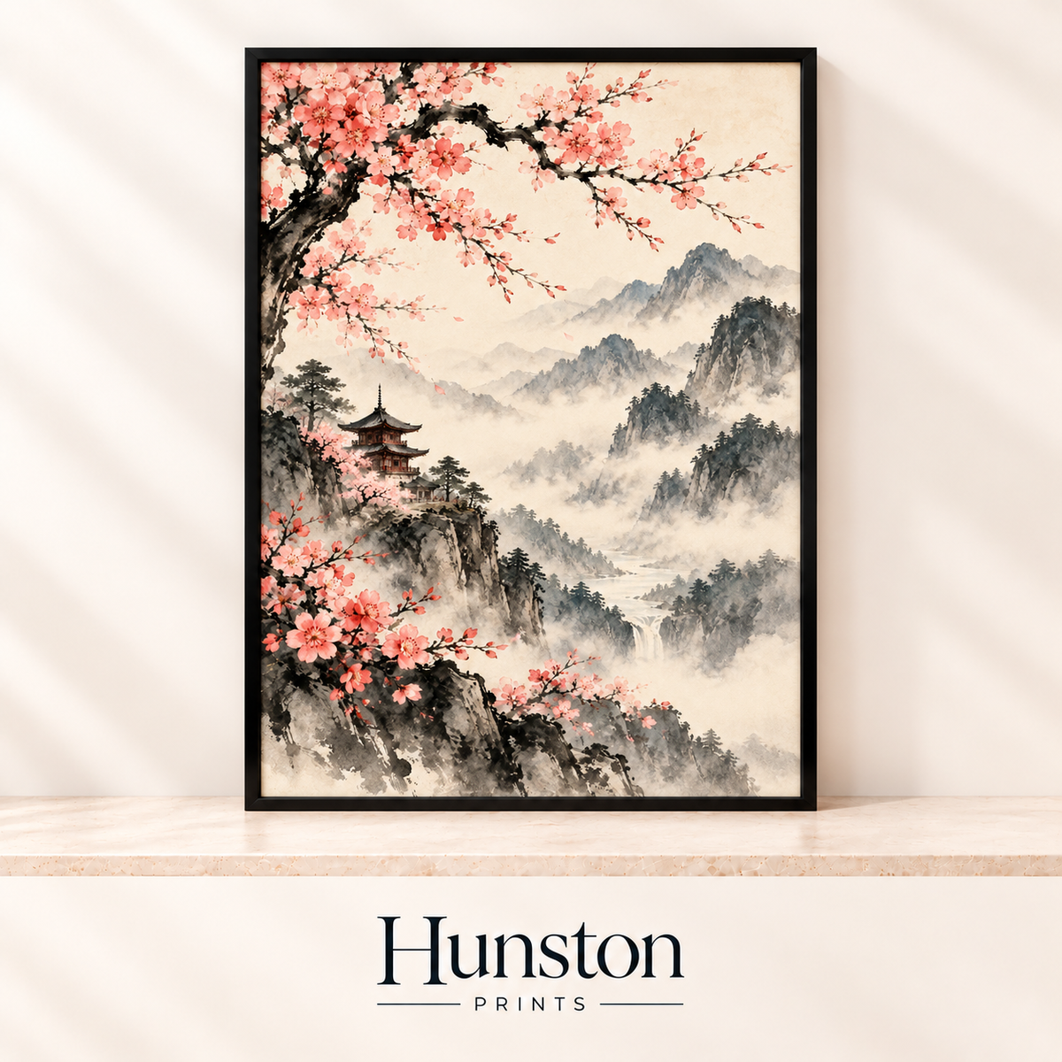 Ink wash painting of cherry blossom, a red pagoda on a cliff and misty mountains