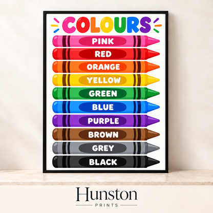 Ten labelled crayons showing colour names