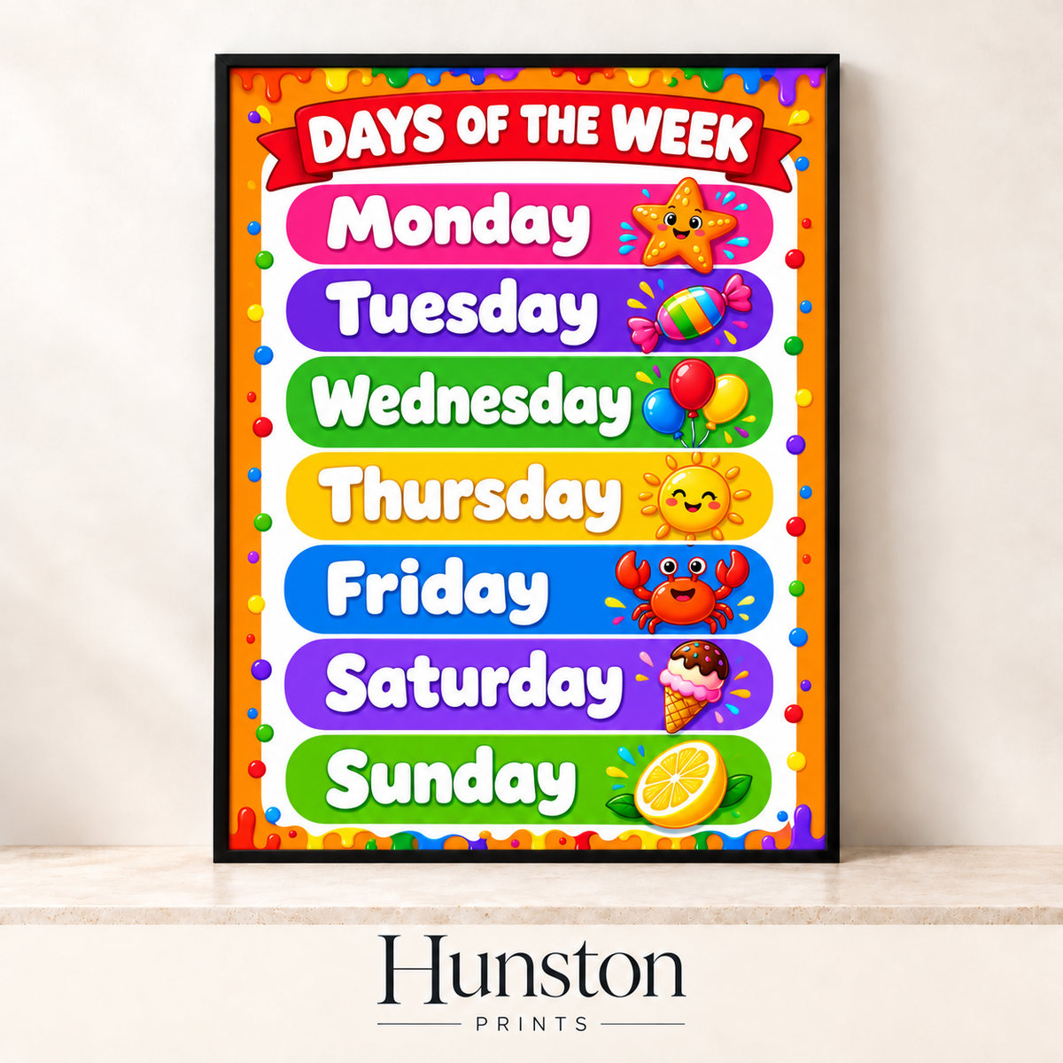 Days of the week chart with a fun picture for each day