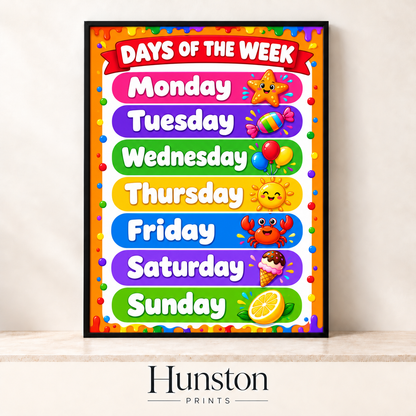 Days of the week chart with a fun picture for each day