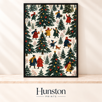Illustrated snowy forest of decorated pine trees with people in colourful coats and a dog