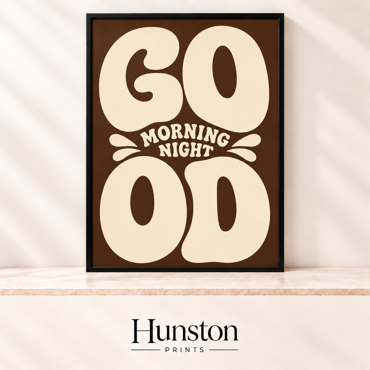 Retro cream bubble letters reading Good Morning Good Night on a brown background
