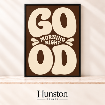 Retro cream bubble letters reading Good Morning Good Night on a brown background