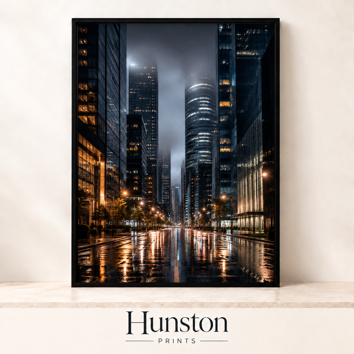 Rainy City Night Skyscrapers Print