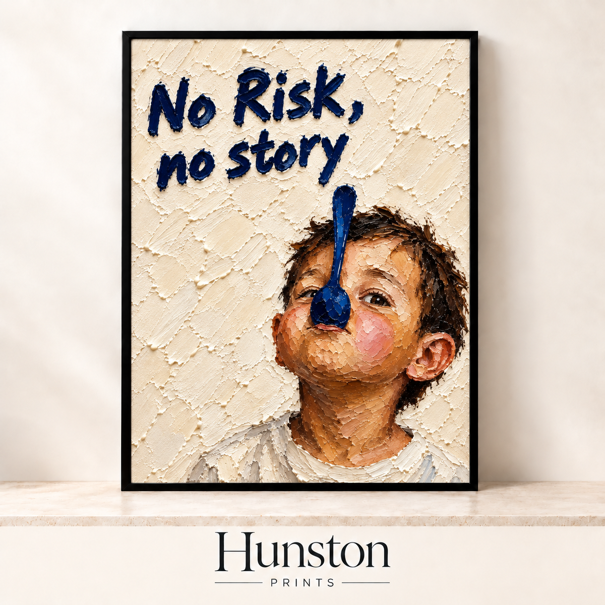Boy balancing a blue spoon on his nose under No Risk, no story lettering