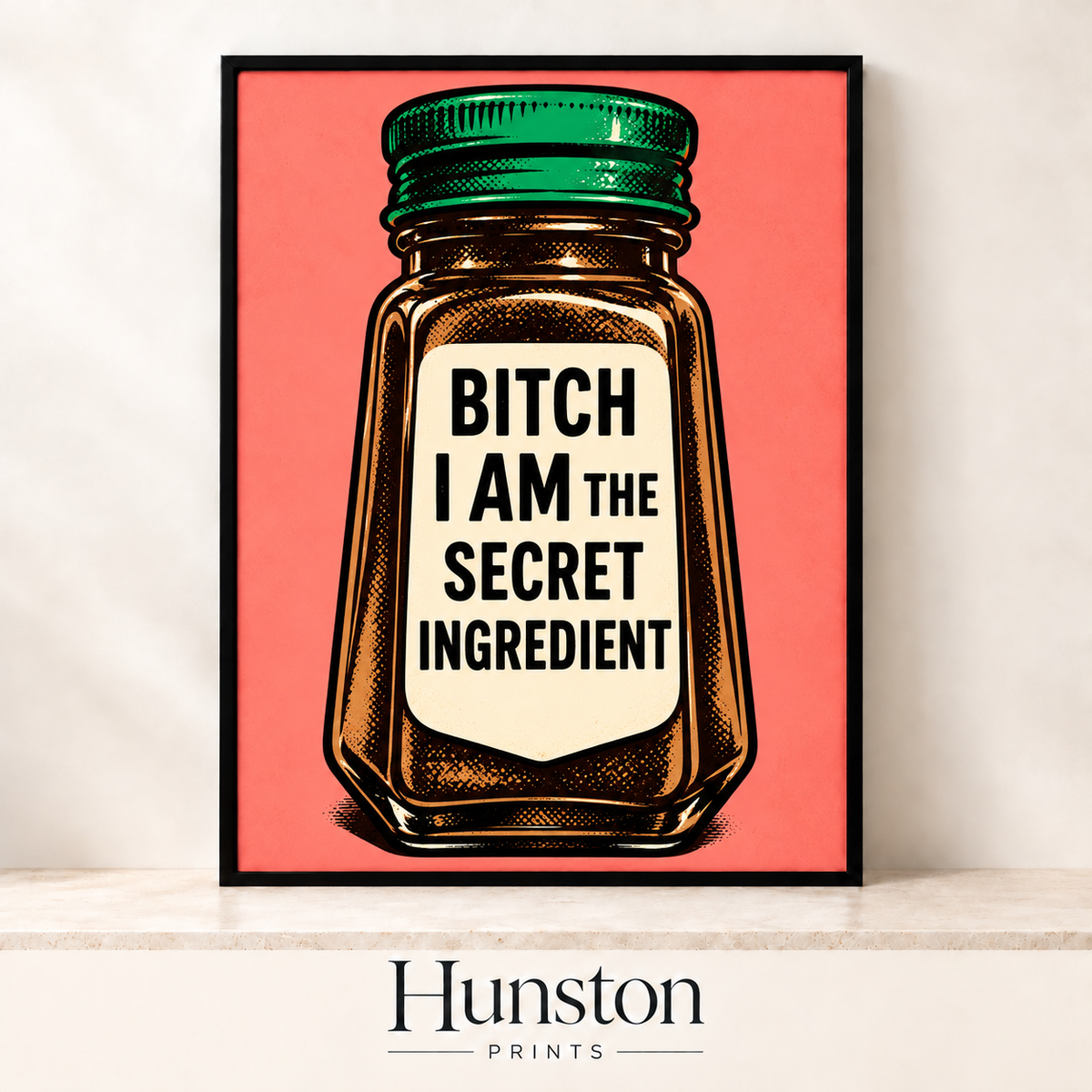 Retro spice jar with a cheeky secret ingredient label on coral