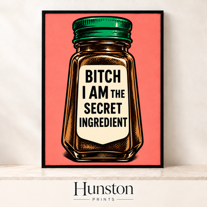 Retro spice jar with a cheeky secret ingredient label on coral