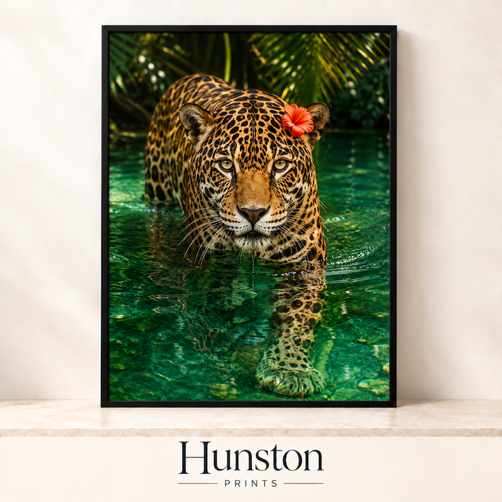 Jaguar with Hibiscus in a Jungle Pool Print