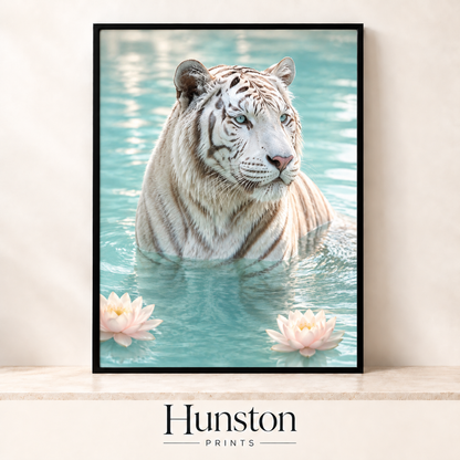 White tiger in a turquoise pool with pink water lilies