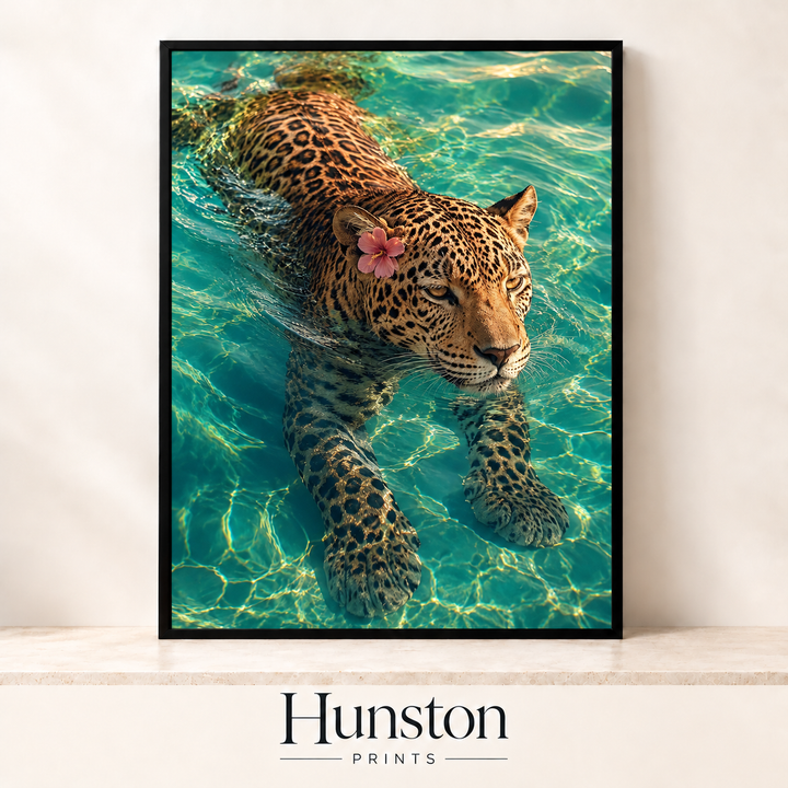 Jaguar Swimming with Pink Hibiscus Print