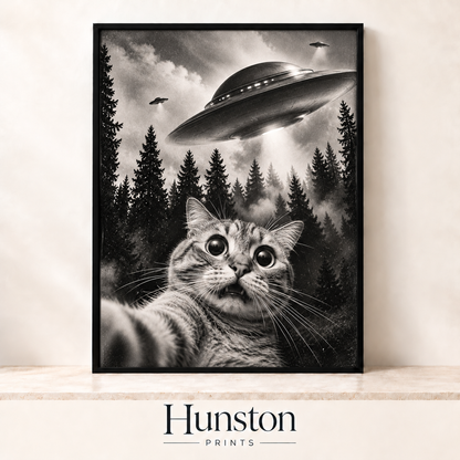 Shocked tabby cat taking a selfie with UFOs over a pine forest