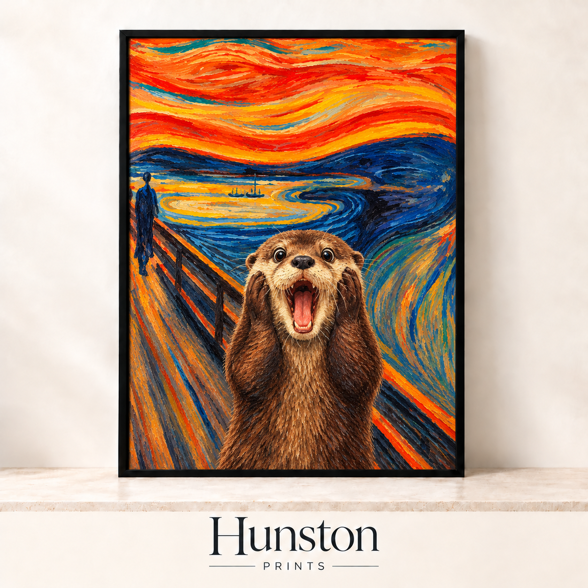 Otter screaming with paws on cheeks on a swirling orange and blue bridge