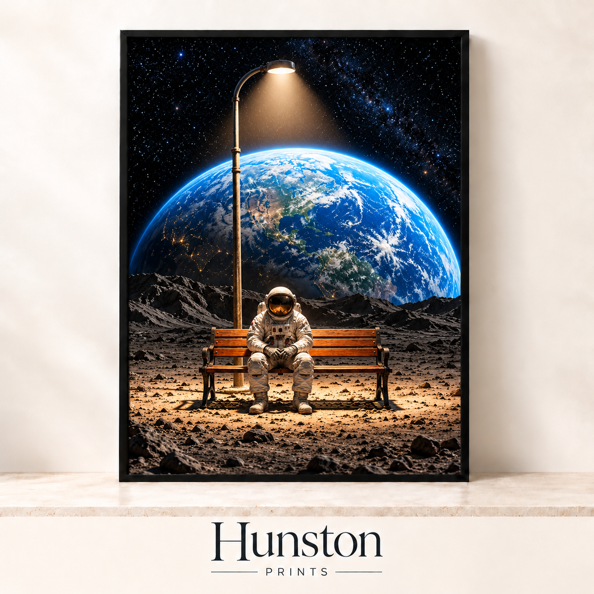 Astronaut sitting on a bench under a street lamp on the Moon with Earth behind