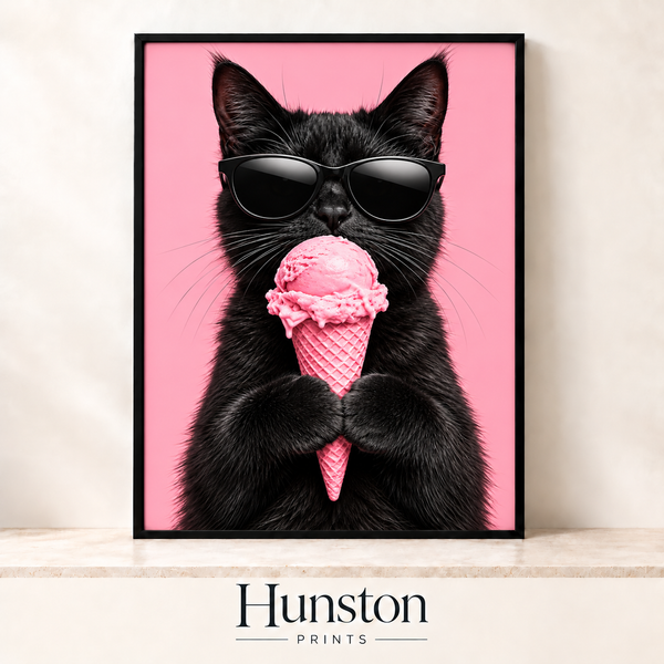 Cool Cat with Pink Ice Cream Print