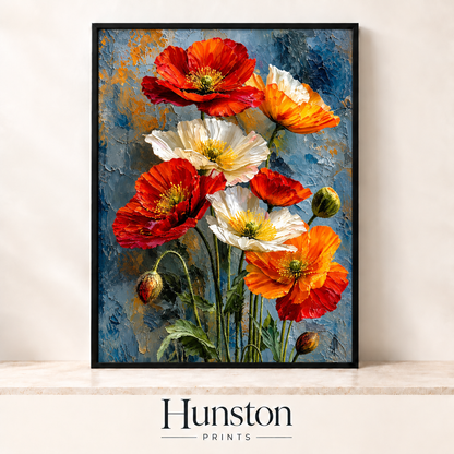 Red, orange and white textured poppies on a blue background