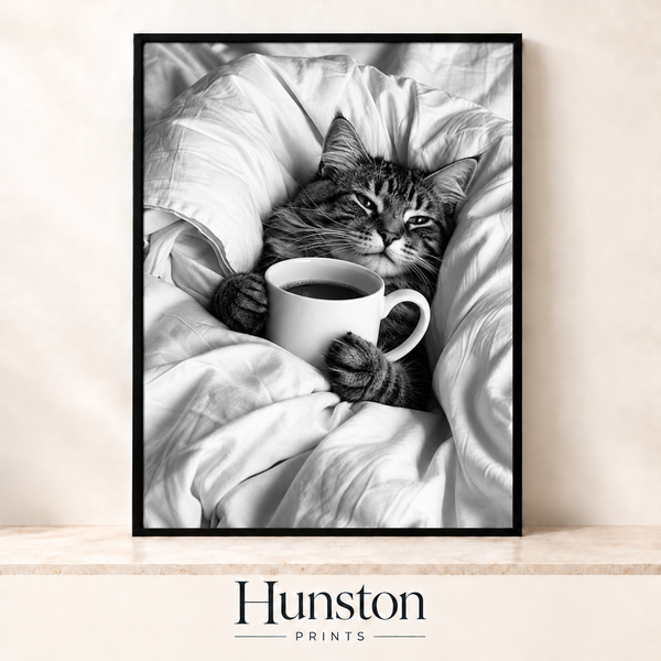 Sleepy Cat with Coffee in Bed Print