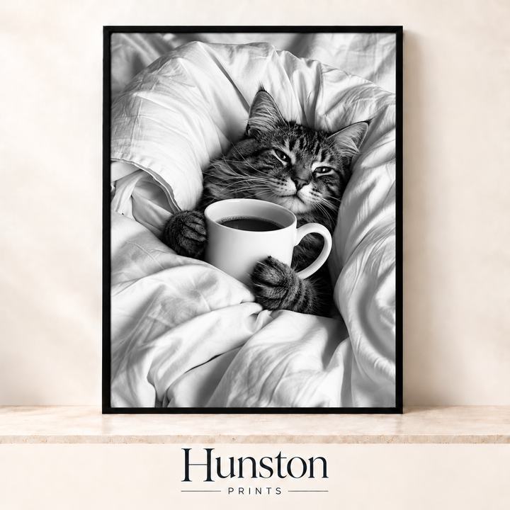 Sleepy Cat with Coffee in Bed Print