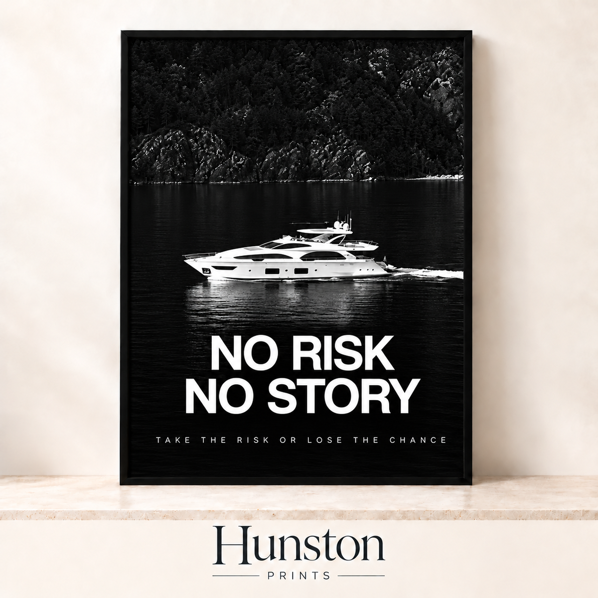 Black and white yacht on the water above No Risk No Story text