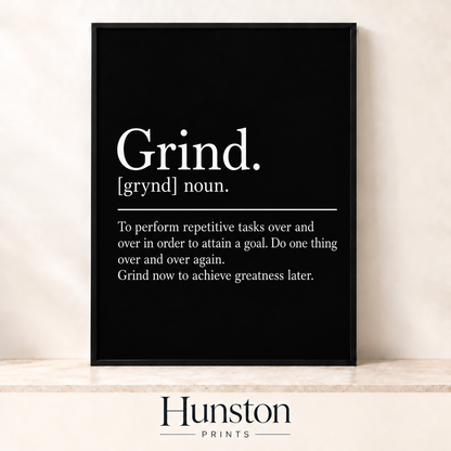 Grind dictionary definition in white serif text on black
