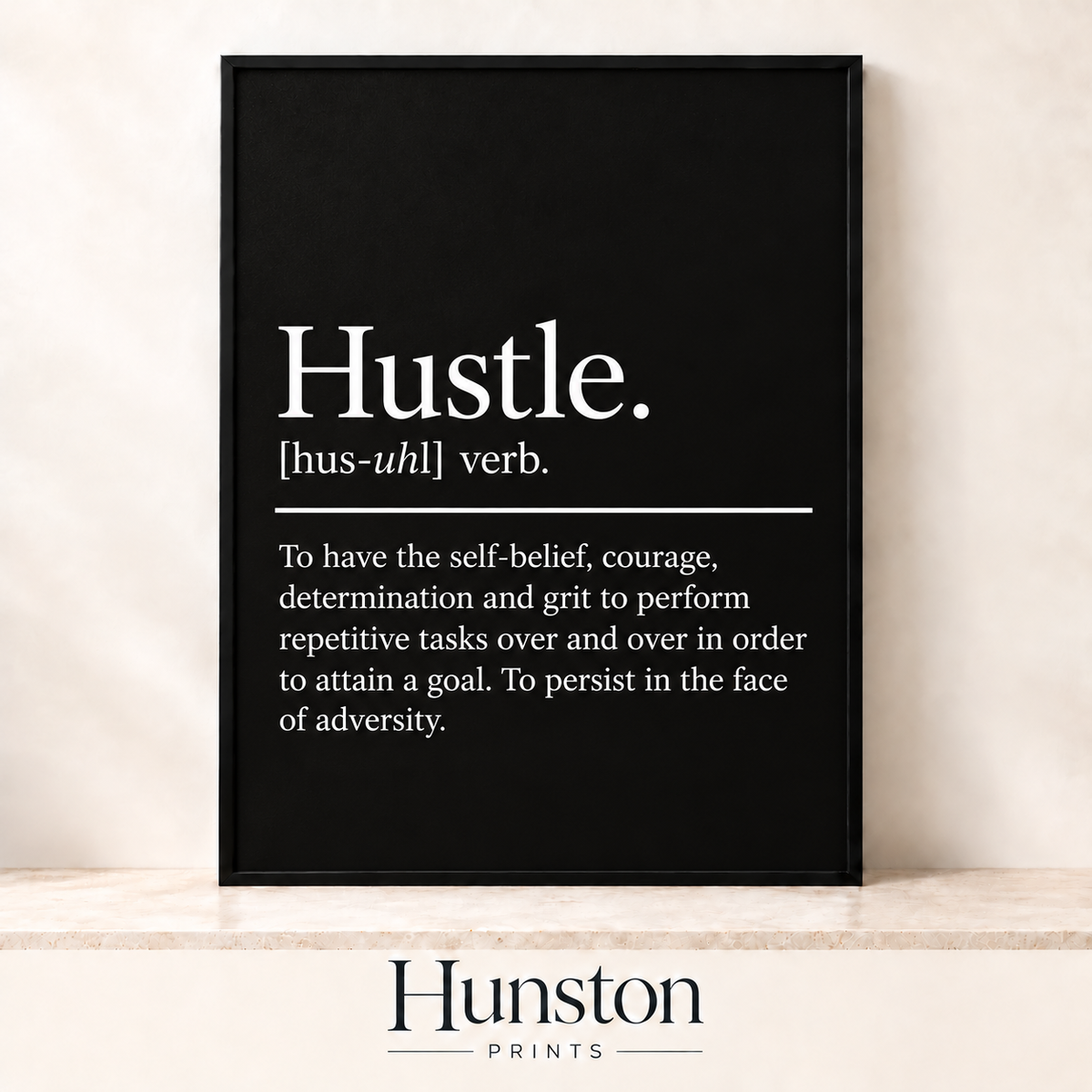 Hustle dictionary definition in white serif text on black