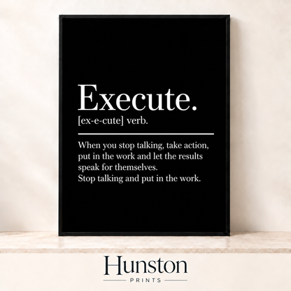 Execute dictionary definition in white serif text on black
