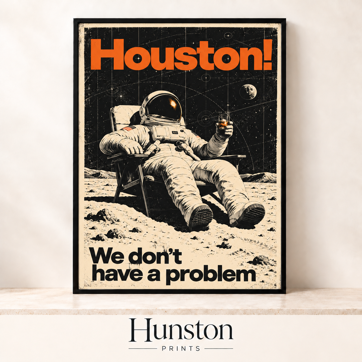 Retro poster of an astronaut relaxing on the moon with a drink