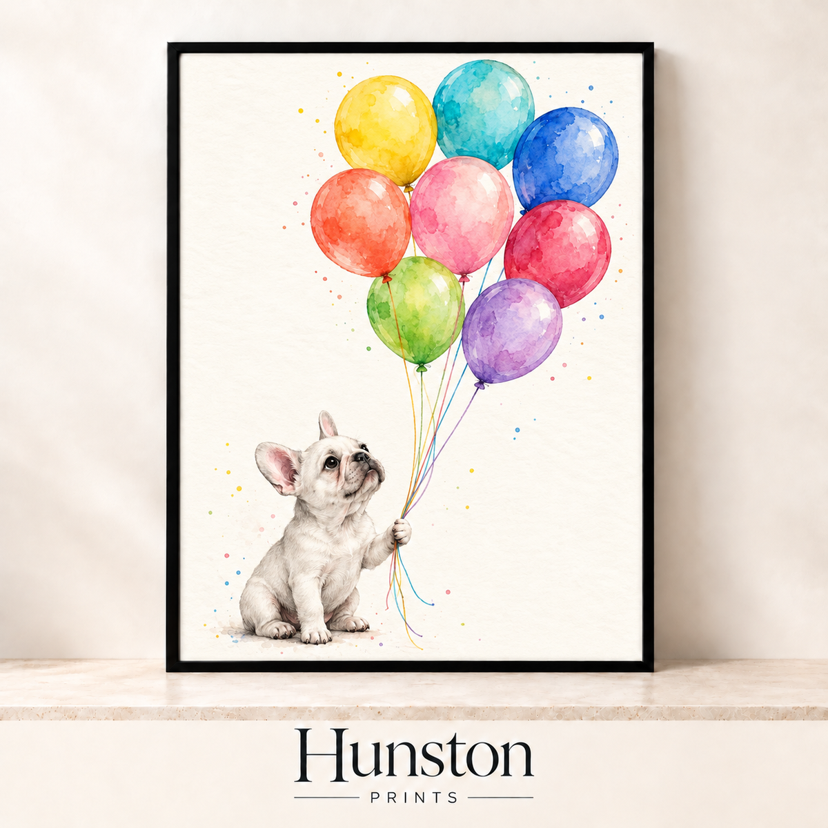 White French bulldog puppy holding a bunch of colourful watercolour balloons