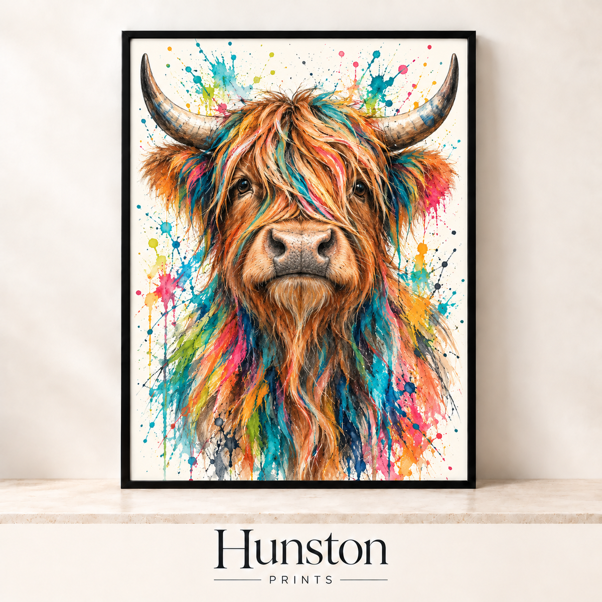 Highland cow with rainbow-streaked hair surrounded by colourful paint splatters