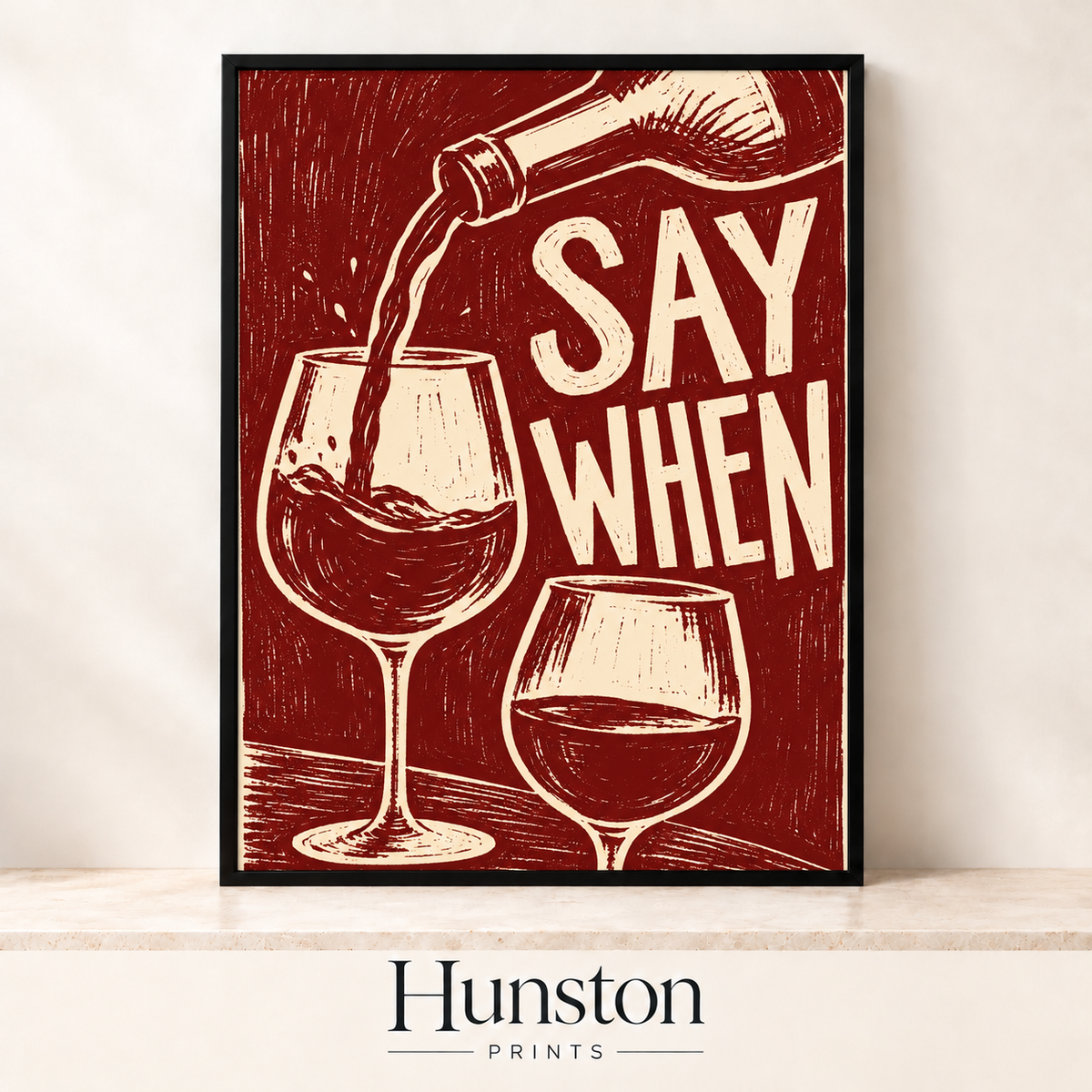 Wine bottle pouring red wine into a glass beside SAY WHEN lettering in burgundy and cream