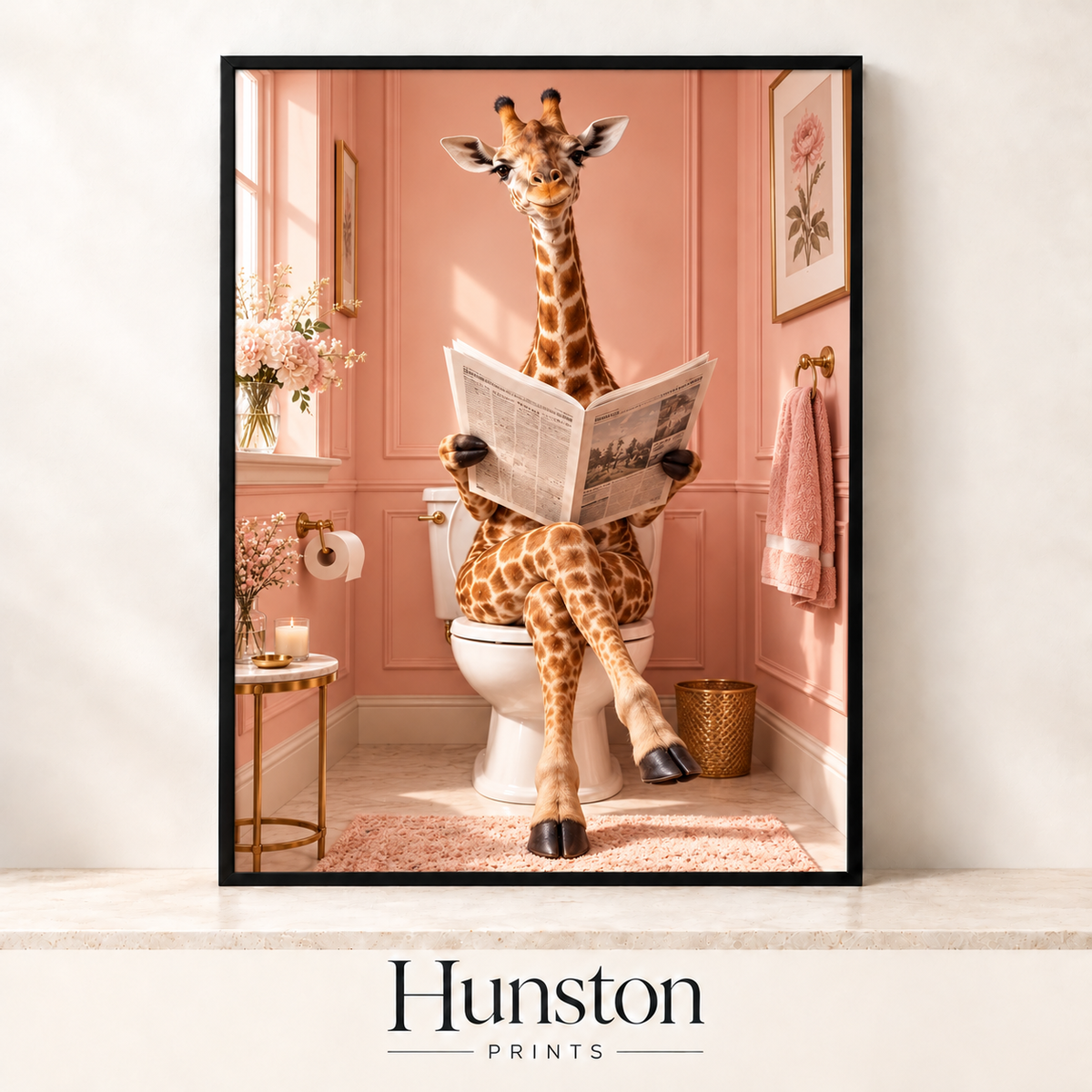 Giraffe sitting on a toilet reading a newspaper in a pink bathroom