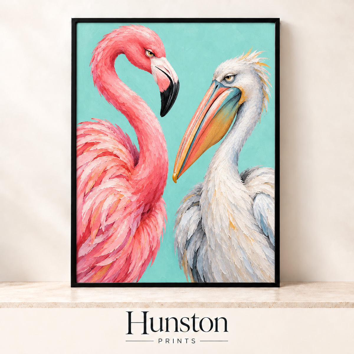 Pink flamingo and white pelican facing each other on a turquoise background