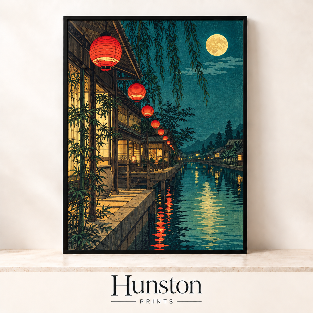 Red paper lanterns along a Japanese canal at night under a full moon