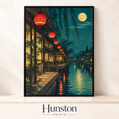 Red paper lanterns along a Japanese canal at night under a full moon