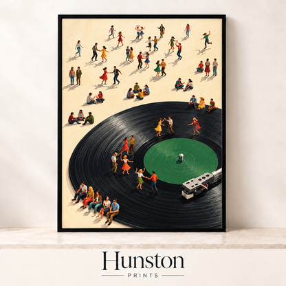 Tiny people dancing on a giant vinyl record with a green label