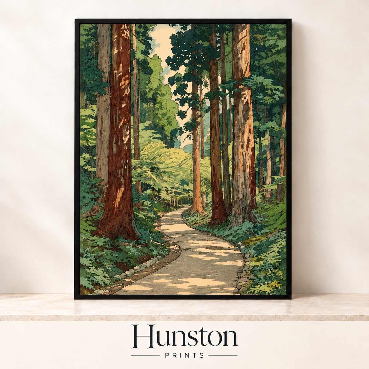 Winding path through a sunlit cedar forest with ferns