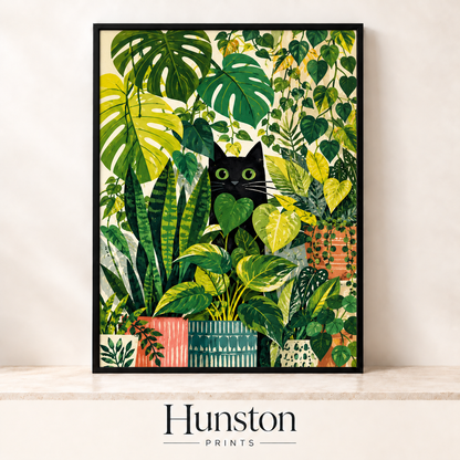 Black cat with green eyes peeking out from among houseplants