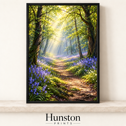 Sunlit woodland path lined with bluebells beneath beech trees