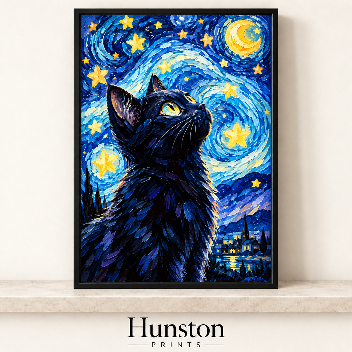 Black cat looking up at a swirling starry night sky above a village