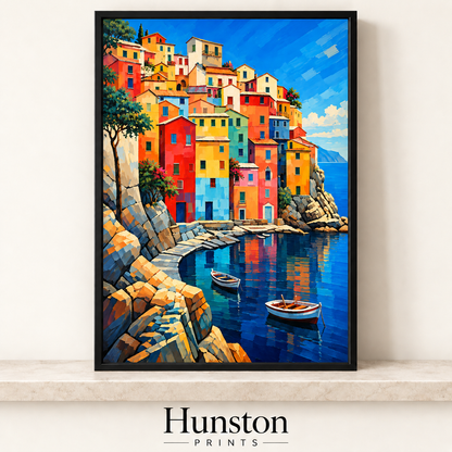 Colourful clifftop houses above a harbour with two rowing boats