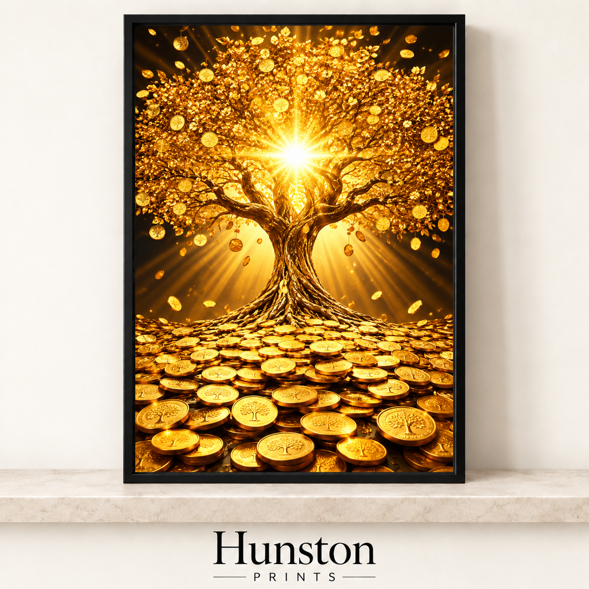Golden tree covered in coins over a carpet of gold coins