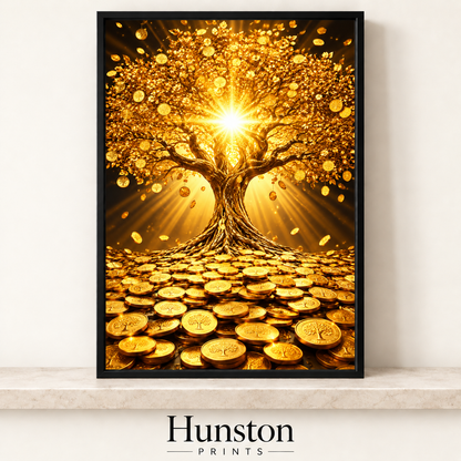 Golden tree covered in coins over a carpet of gold coins