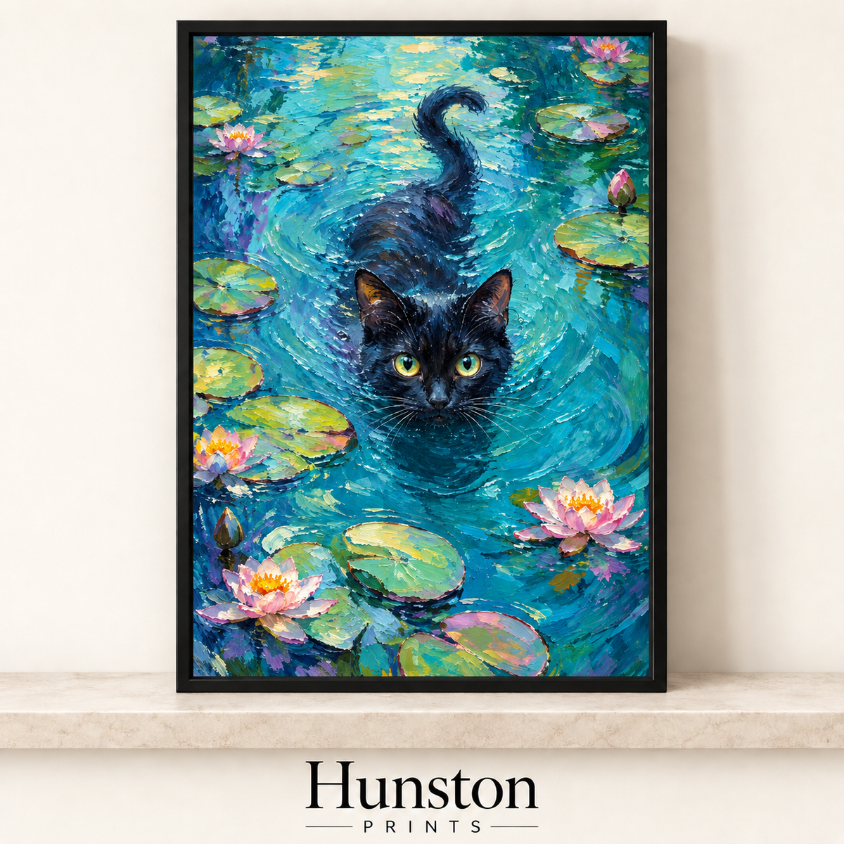 Black cat swimming through a pond of lily pads and pink water lilies