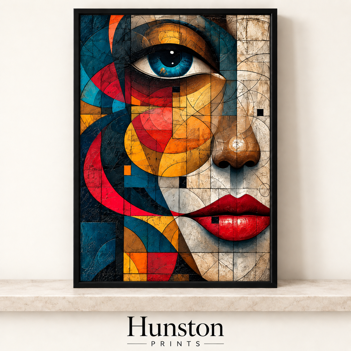 Cubist geometric face with a blue eye and red lips