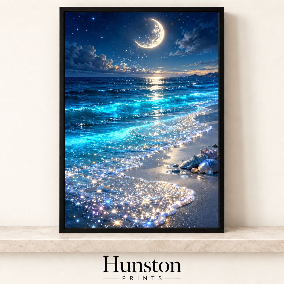 Glittering turquoise waves on a beach with seashells under a crescent moon