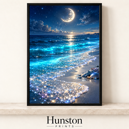 Glittering turquoise waves on a beach with seashells under a crescent moon
