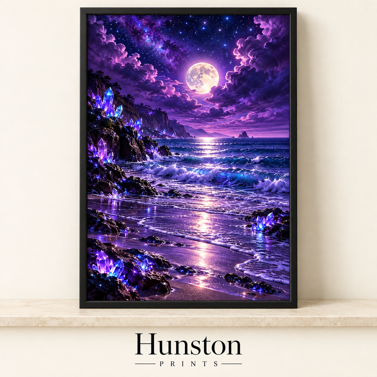Moonlit beach with glowing purple crystals on the rocks