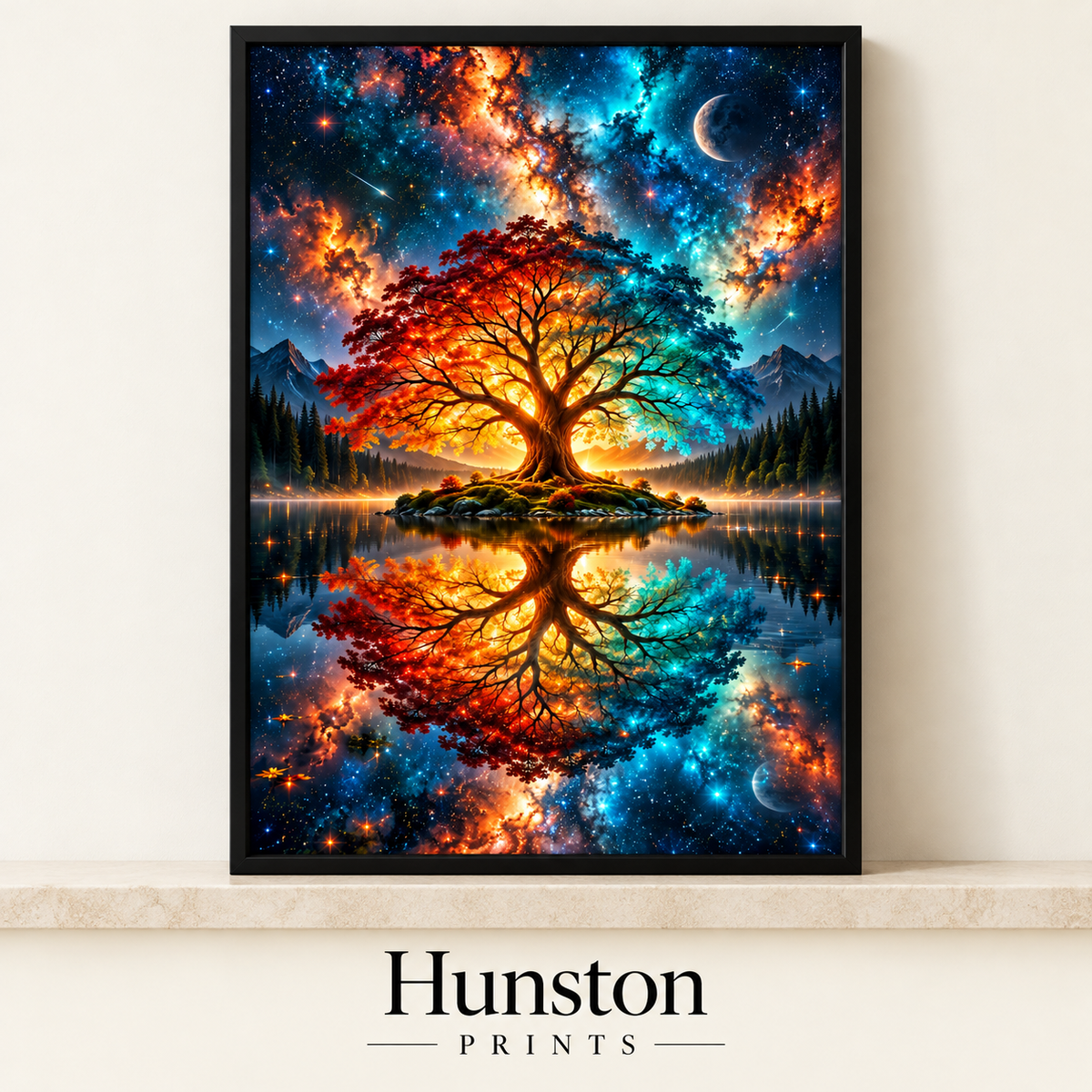 Red and blue tree of life reflected in a lake under a galaxy sky