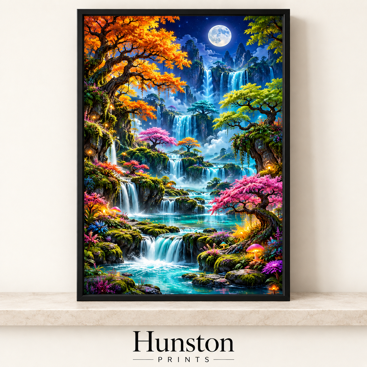 Fantasy waterfalls through colourful trees under a full moon