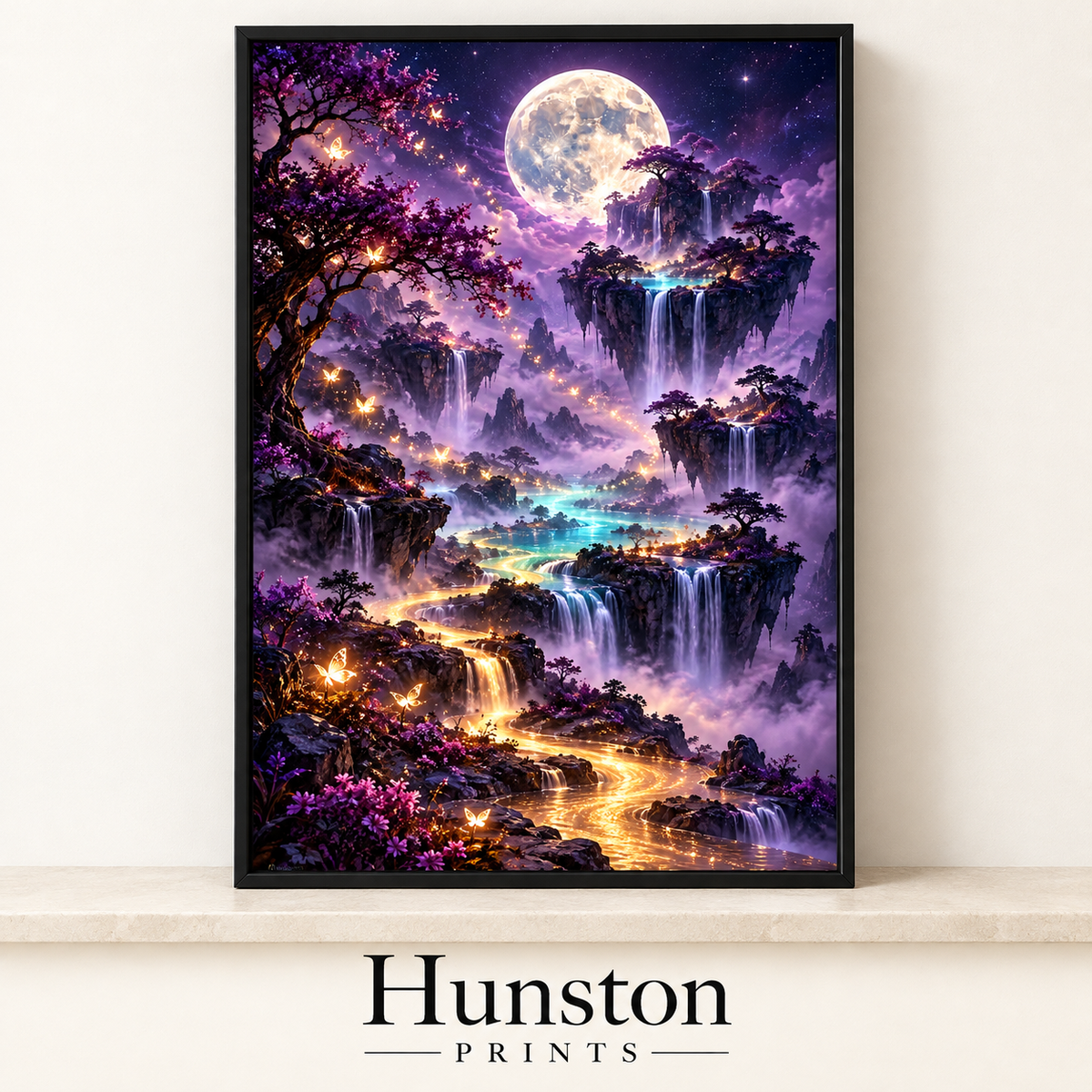 Purple fantasy landscape of floating islands and waterfalls under a full moon