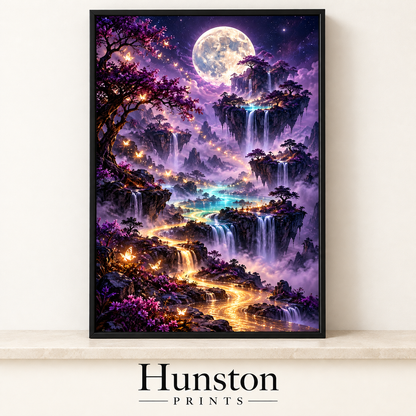 Purple fantasy landscape of floating islands and waterfalls under a full moon